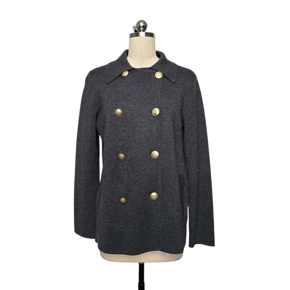 J.Crew Charcoal Gray Double Breasted Knit Blazer Cardigan Gold Buttons Womens XS